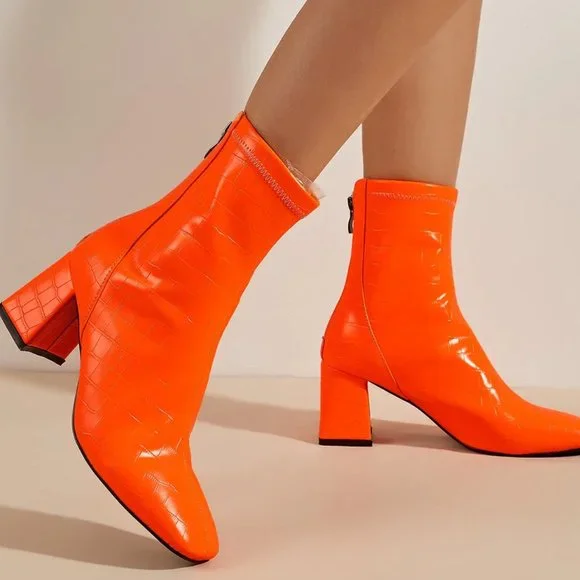 Patent Leather Boots Orange Booties Heels Cowboy Boots Neon Orange